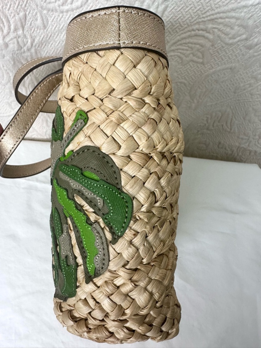 Michael Kors Cecelia Straw Tote with Green Leaf Appliqués and Gold Leather Trim - Picture 7 of 16